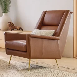Carlo High-Back Leather Mid-Century Chair - Metal Legs