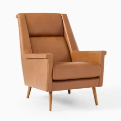 Carlo High-Back Leather Mid-Century Chair - Wood Legs