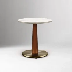 Claire Restaurant Dining Table - Porcelain w/ Protective Metal Bumper - Round