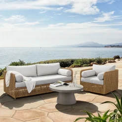 Coastal Wicker Outdoor Sofa, Swivel Chair & Concrete Pedestal Round Coffee Table Set
