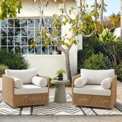Coastal Wicker Outdoor Swivel Chairs & Concrete Pedestal Round Side Table Set