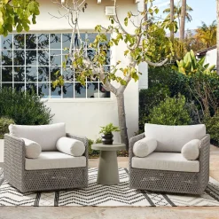 Coastal Wicker Outdoor Swivel Chairs & Concrete Pedestal Round Side Table Set