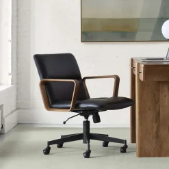 Cooper Leather Swivel Office Chair w/ Wood Arms