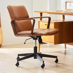 Cooper Leather Swivel Office Chair w/ Wood Arms
