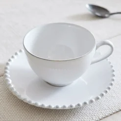 Costa Nova Pearl White Stoneware Teacup & Saucers (Set of 4)