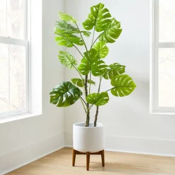 Faux Monstera Plant & Mid-Century Turned Wood Leg Planter Bundle