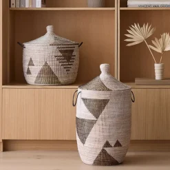 Graphic Millet Lidded Baskets - Black & White