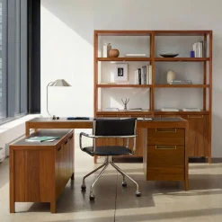 Hughes L-Shaped Desk with File & Storage Cabinets (68") & Tall Double Wide Bookcase Set