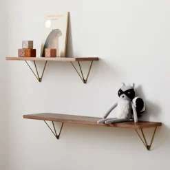 Linear Burnt Wax Wood Wall Shelves with Prism Brackets