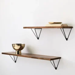 Linear Burnt Wax Wood Wall Shelves with Prism Brackets