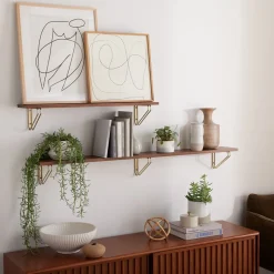 Linear Cool Walnut Wood Wall Shelves with Parallel Brackets