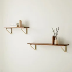 Linear Cool Walnut Wood Wall Shelves with Parallel Brackets