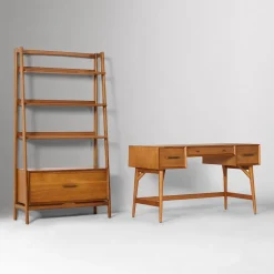 Mid-Century Desk (52") & Wide Tower Bookshelf Set