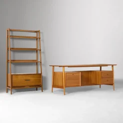 Mid-Century Executive Desk (74") & Wide Tower Bookshelf Set