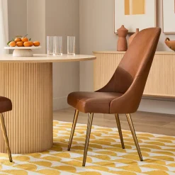Mid-Century High-Back Leather Dining Chair - Metal Legs