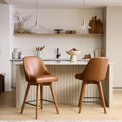 Mid-Century Leather Swivel Counter Stool - Wood Legs