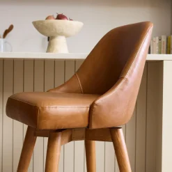Mid-Century Leather Swivel Counter Stool - Wood Legs