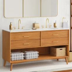 Mid-Century Open Storage Double Bathroom Vanity (63") - Acorn