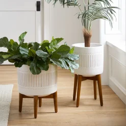 Mid-Century Turned Wood Leg Planters - Gold Stripe