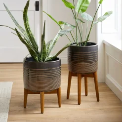 Mid-Century Turned Wood Leg Planters - Gold Stripe