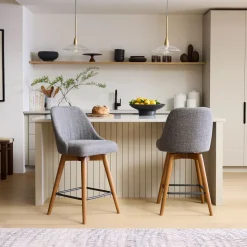 Mid-Century Upholstered Swivel Counter Stool - Wood Legs