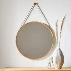Modern Hanging Round Wall Mirror w/ Leather Strap