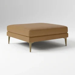 Open Box: Andes Leather Ottoman - Ludlow Leather Sesame, Blackened Brass