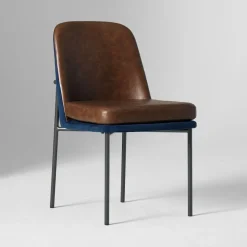 Open Box: Jack Metal Frame Two-Tone Dining Chair - Performance Velvet Ink Blue & Vegan Leather Molasses, Dark Bronze
