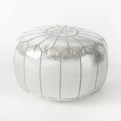 Open Box: Leather Moroccan Pouf, Small (20"D x 14"H) - Silver