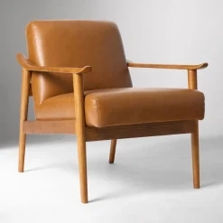 Open Box: Mid-Century Leather Show Wood Chair - Vegan Leather Saddle, Pecan