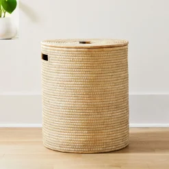 Open Box: Wooden Handle Lidded Hamper, Large (19.5"D x 21.5"H)