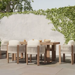 Portside Wood Outdoor Dining Table (76.5"–96") & Porto Dining Chairs Set