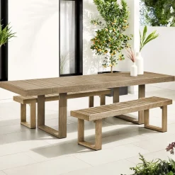 Portside Wood Outdoor Extendable Dining Table (76.5"–106") & Benches Set