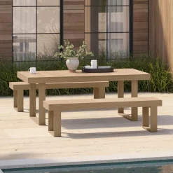 Portside Wood Outdoor Extendable Dining Table (76.5"–106") & Benches Set