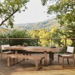 Portside Wood Outdoor Extendable Dining Table (76.5"–106"), Benches & Stacking Chairs Set