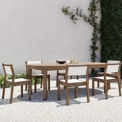 Portside Wood Outdoor Round Extendable Dining Table (48"–93") & Stacking Chairs Set