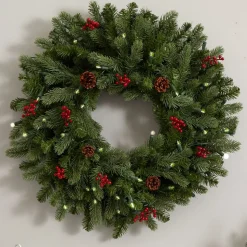 Pre-Lit Faux Pine Wreath w/ Berries & Pine Cones