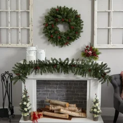 Pre-Lit Faux Pine Wreath w/ Berries & Pine Cones