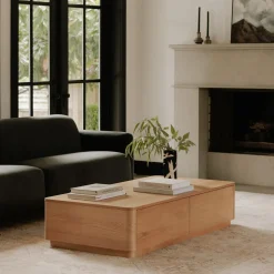 Rina Curved Oak Pedestal Storage Coffee Table (55")
