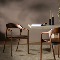 Scooped Ash Wood Leather Dining Armchair