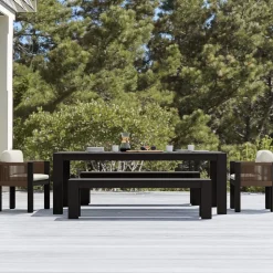Telluride Aluminum Outdoor Extendable Table (60"–85"), Telluride Benches (66") & Porto Aluminum Arm Dining Chairs Set