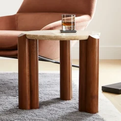Travertine Solid Wood Side Table (23")