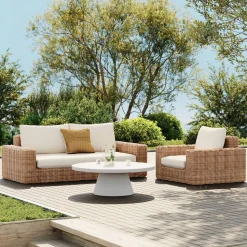 Westport Wicker Outdoor Sofa (84"), Lounge Chair & Concrete Pedestal Round Coffee Table (32"–44") Set