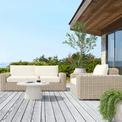 Westport Wicker Outdoor Sofa (84"), Lounge Chair & Concrete Pedestal Round Coffee Table (32"–44") Set