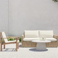 Westport Wicker Slim Profile Outdoor Sofa (68"), Cusco Textilene® Sling Lounge Chair & Concrete Pedestal Round Coffee Table (32") Set