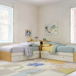 Ziggy Twin Platform Storage Beds w/ Corner Shelf Headboard